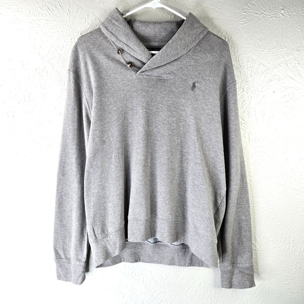 Ralph Lauren Shawl Collar Sweater Mens M Gray‎ Preppy Pullover Logo Long Sleeve